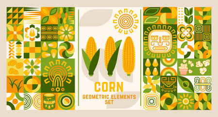 Set of corn design elements in simple geometric style. Icons, abstract geometric shapes. Good for branding, decoration of food package, cover design, decorative print, background.