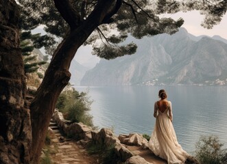 Woman in White Dress Standing on Cliff Overlooking Body of Water