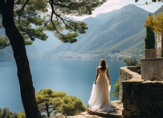 Woman in white dress standing on cliff overlooking body of water.