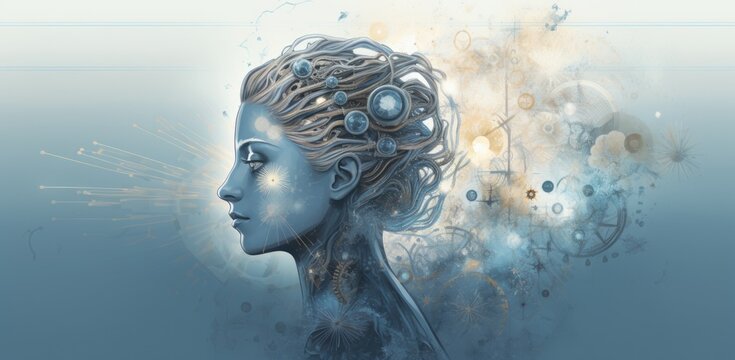 Serene Woman Merged With Watercolor Brain Concept in Side Profile View