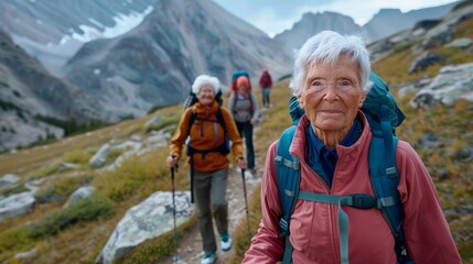 Group of active seniors hiking up a rugged mountain trail - obrazy, fototapety, plakaty