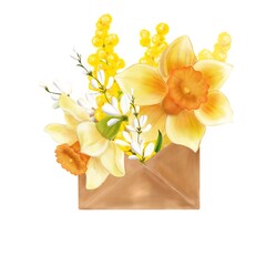 Watercolor bouquet of daffodils with a sprig of mimosa in a craft envelope.