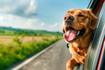 Labrador sticking his head out of a car window on the road - obrazy, fototapety, plakaty