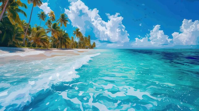 a painting of a tropical beach with palm trees on the shore and a blue sky with clouds in the background.