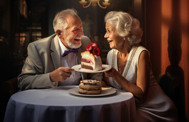 Joyful Elderly Couple Sharing Laughter and Cake with Pink Roses
