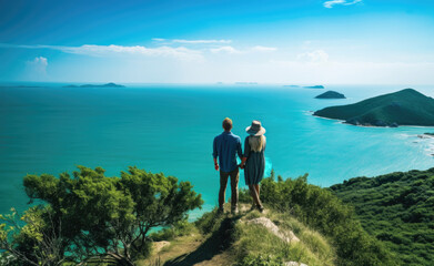 Obraz premium Two people standing on top of a hill overlooking the ocean.