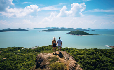 Two people standing on top of a hill overlooking the ocean.