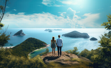 Two People Standing on Top of a Hill Overlooking the Ocean
