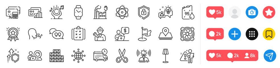 Breathing exercise, International globe and Petrol canister line icons pack. Social media icons. Improving safety, Delivery, Video conference web icon. Pin, Repairman, Floor lamp pictogram. Vector