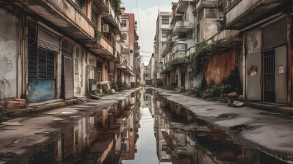 an abandoned street with buildings and buildings in the background - obrazy, fototapety, plakaty