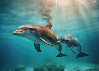 Dolphins swimming over coral reef.