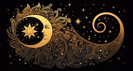 Celestial art depicting a golden sun and crescent moon with stars in a dark sky.