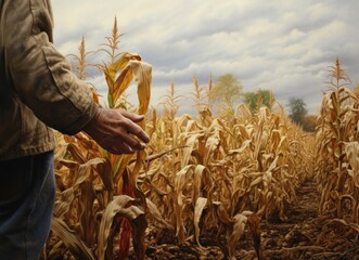 Weathered hands of a farmer touching dry wheat stalks during drought season.