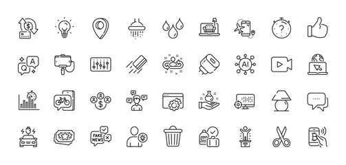 Shower, Waterproof and Fake news line icons pack. AI, Question and Answer, Map pin icons. Energy, Credit card, Furniture web icon. Message, Like, Trash bin pictogram. Vector