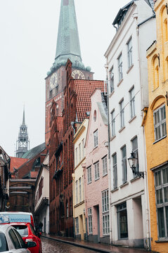 Lubeck, Germany - February 13, 2024: Lubeck city centre in region Schleswig-Holstein, Germany. Hanseatic City. Old Town architecture.