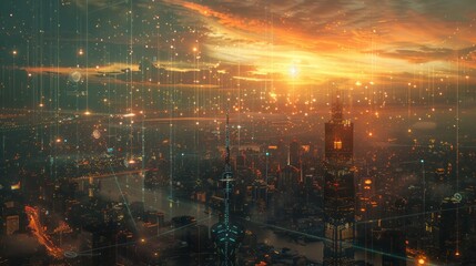 Fototapeta premium Connecting network smart objects over cityscape