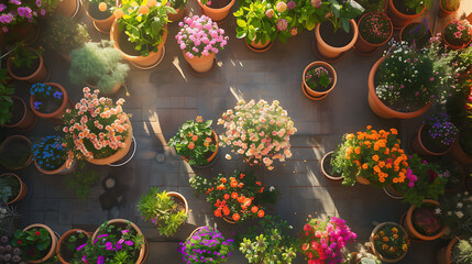 Variedade vibrante de plantas em um pátio ensolarado com luz natural suave e tons quentes - obrazy, fototapety, plakaty