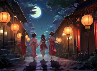 Traditional Chinese Lantern Festival Celebration at Twilight in an Ancient Town