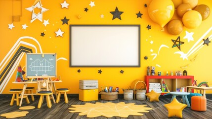 a child's room with yellow walls and stars on the wall and a chalkboard in the corner of the room.