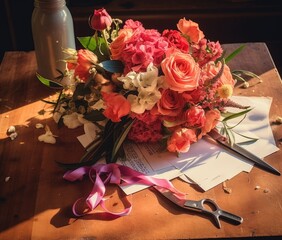 Bouquet of Flowers Next to Scissors on Table