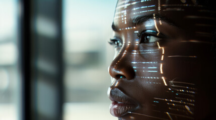 side profile of a young black female employee worker in the office looking at a computer screen coding, artificial intelligence - obrazy, fototapety, plakaty