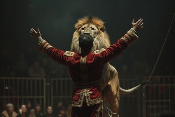 Lion tamer in front of a male lion in the circus and in front of a large audience - obrazy, fototapety, plakaty