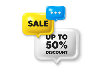 Discount speech bubble offer 3d icon. Up to 50 percent discount. Sale offer price sign. Special offer symbol. Save 50 percentages. Discount tag discount offer. Speech bubble sale banner. Vector