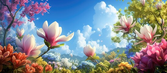 Obraz premium Mulan magnolia flowers in diverse colors bloom in a field against a vivid blue sky, with a backdrop of lush greenery.