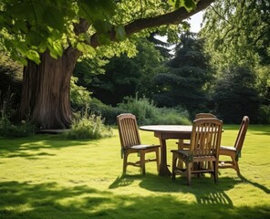 Wooden Table and Chairs on Lush Green Field