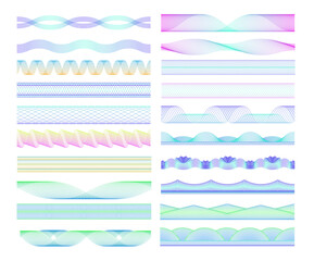 Seamless guilloche dividers. Colorful wave patterns and spirograph lines decorative elements vector set