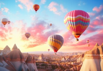 A bunch of hot air balloons flying in the sky. - Powered by Adobe