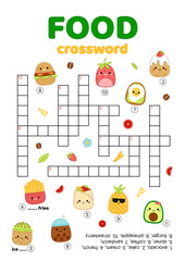 Crossword with fast food. English words. Educational puzzle game for kids. Cartoon, vector