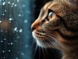 a close up of a cat looking out of a window with raindrops on the outside of the window.