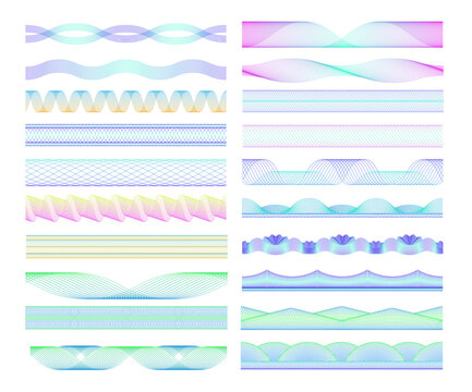 Seamless guilloche dividers. Colorful wave patterns and spirograph lines decorative elements vector set