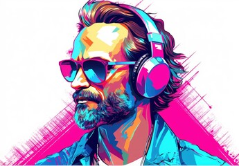 Close-up portrait of a man wearing headphones in watercolor style. Hipster listening to music and singing. Enjoyment of life. Illustration for cover, postcard, interior design, decor, advertising, etc