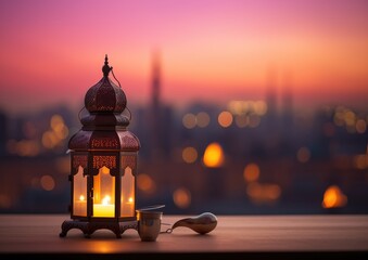 Traditional Lantern Illuminating a Ramadan Evening in an Urban Setting
