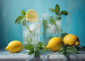 Refreshing lemon mint ice drinks on a bright blue background.