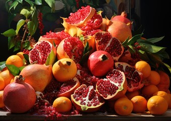Naklejka na ściany i meble Pile of Pomegranates and Oranges on a Table