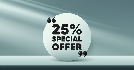 25 percent discount offer tag. Circle frame, product stage background. Sale price promo sign. Special offer symbol. Discount round frame message. Minimal design offer scene. 3d comma quotation. Vector