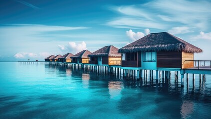 Serene Morning at Demiosar Maldives Resort With Overwater Villas and Long Wooden Pier - obrazy, fototapety, plakaty