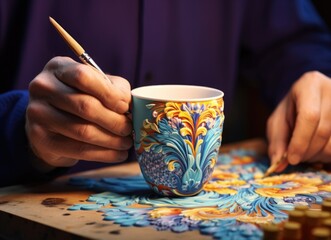 Fototapeta na wymiar Artisan Painting a Decorative Cup With Vibrant Blue Hue and Ornamental Design