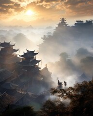 a group of people standing on top of a hill in front of a sky filled with clouds and pagodas.