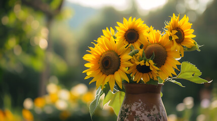 Um belo buquê de girassóis vibrantes em um vaso rústico iluminado pelo sol em um jardim ensolarado