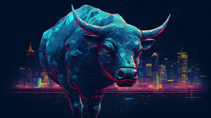 an bull is on a blue background with a city in backdrop