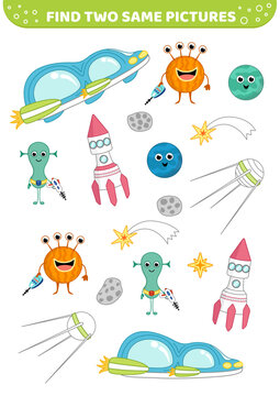 Little green man, monster, alien in space. Find two same pictures. Game for children. Cartoon, vector