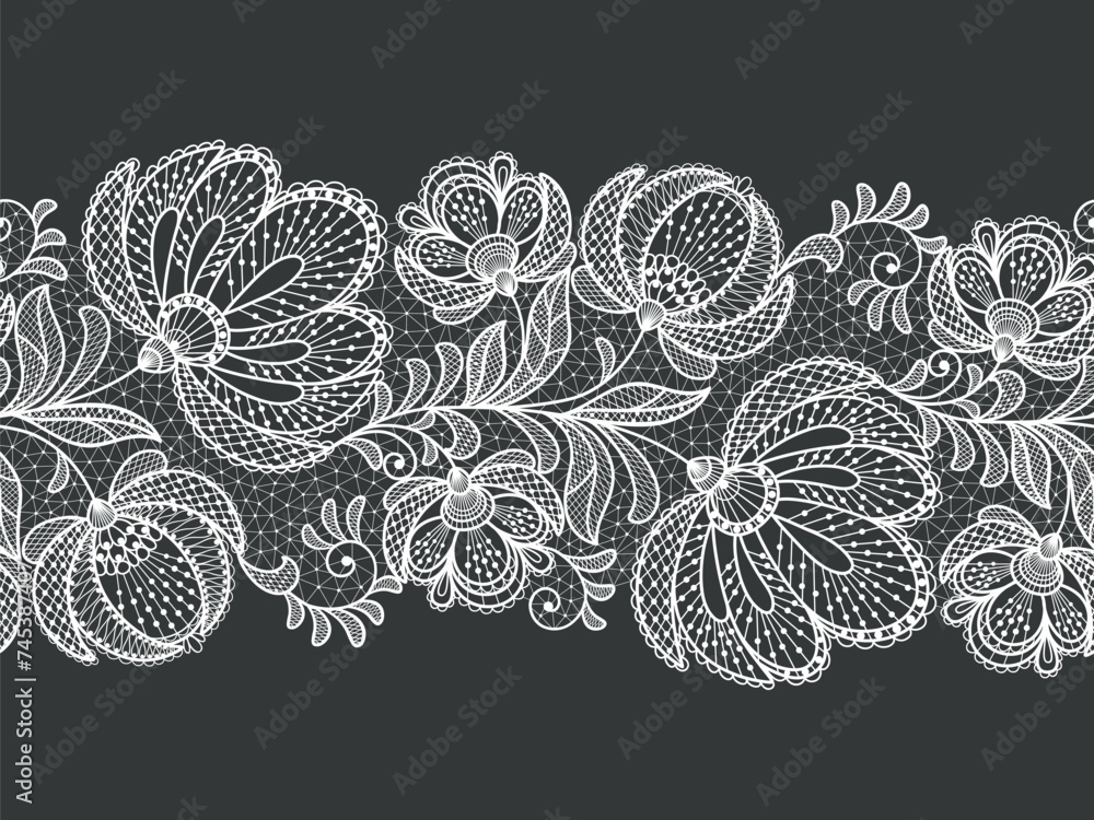 Wall mural Seamless floral background with white lace flowers.Vector handmade white lace branches with flowers. Lace ribbon