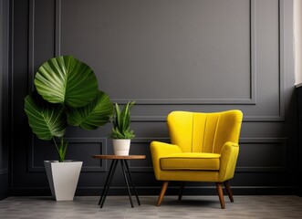 Contemporary Office Interior With Yellow Accent Chair and Greenery in a Serene Setting
