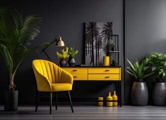 Contemporary Office Interior With Yellow Accent Chair and Greenery in a Serene Setting