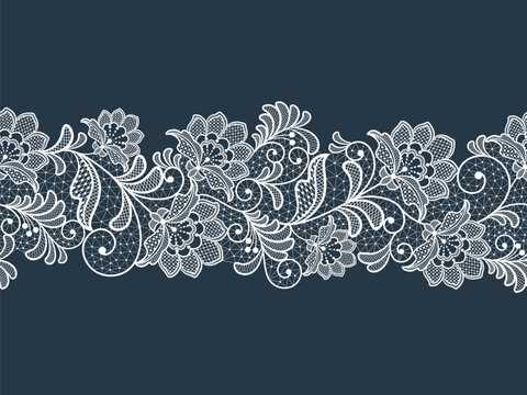 Seamless floral background with white lace flowers.Vector handmade white lace branches with flowers. Lace ribbon
