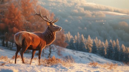 a deer is standing snow in front of a mountain with trees background and snow falling on the ground.
